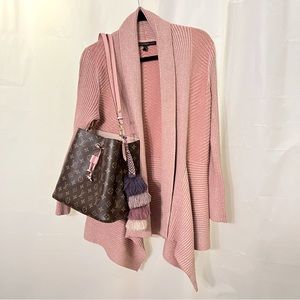 WHITE HOUSE BLACK MARKET Pink Metallic Peplum Sharkbite Hem Open Cardigan